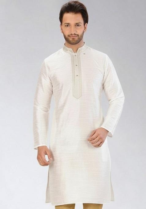White Embroidery Silk Kurta For Men