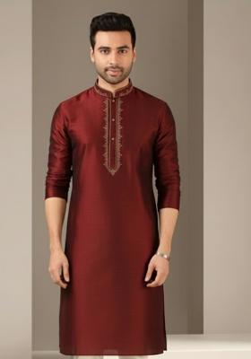 Maroon Embroidery Silk Kurta For Men