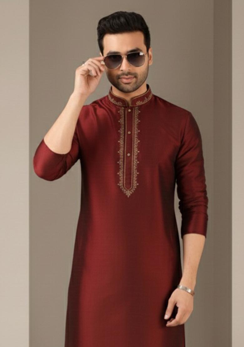 Maroon Embroidery Silk Kurta For Men - Indya