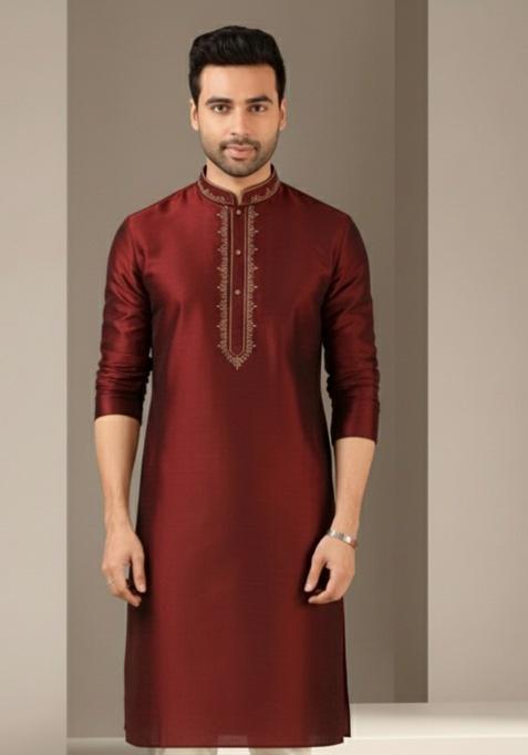 Maroon Embroidery Silk Kurta For Men