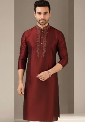 Maroon Embroidery Silk Kurta For Men