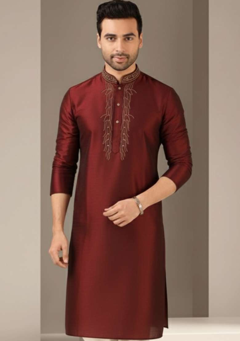Maroon Embroidery Silk Blend Kurta For Men - Indya