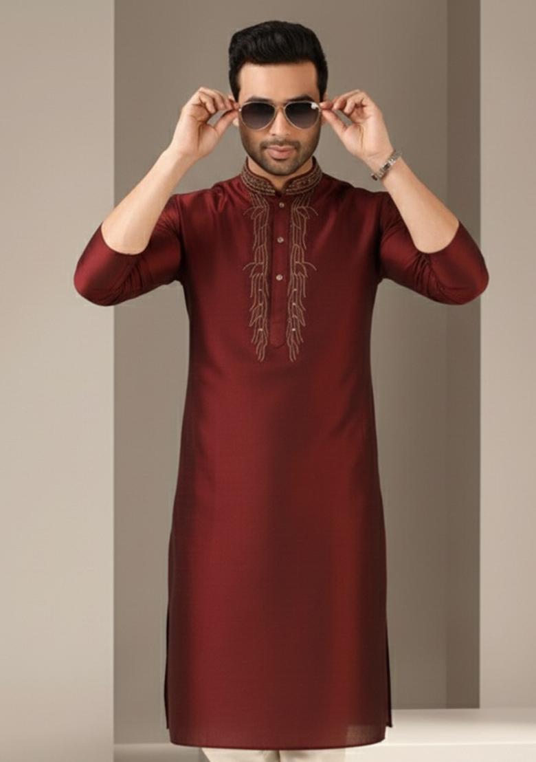 Maroon Embroidery Silk Kurta For Men - Indya