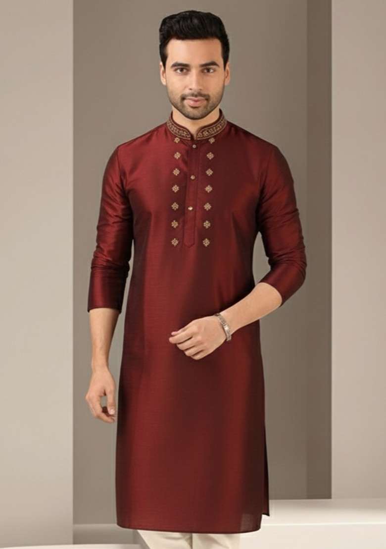 Maroon Embroidery Silk Blend Kurta For Men - Indya