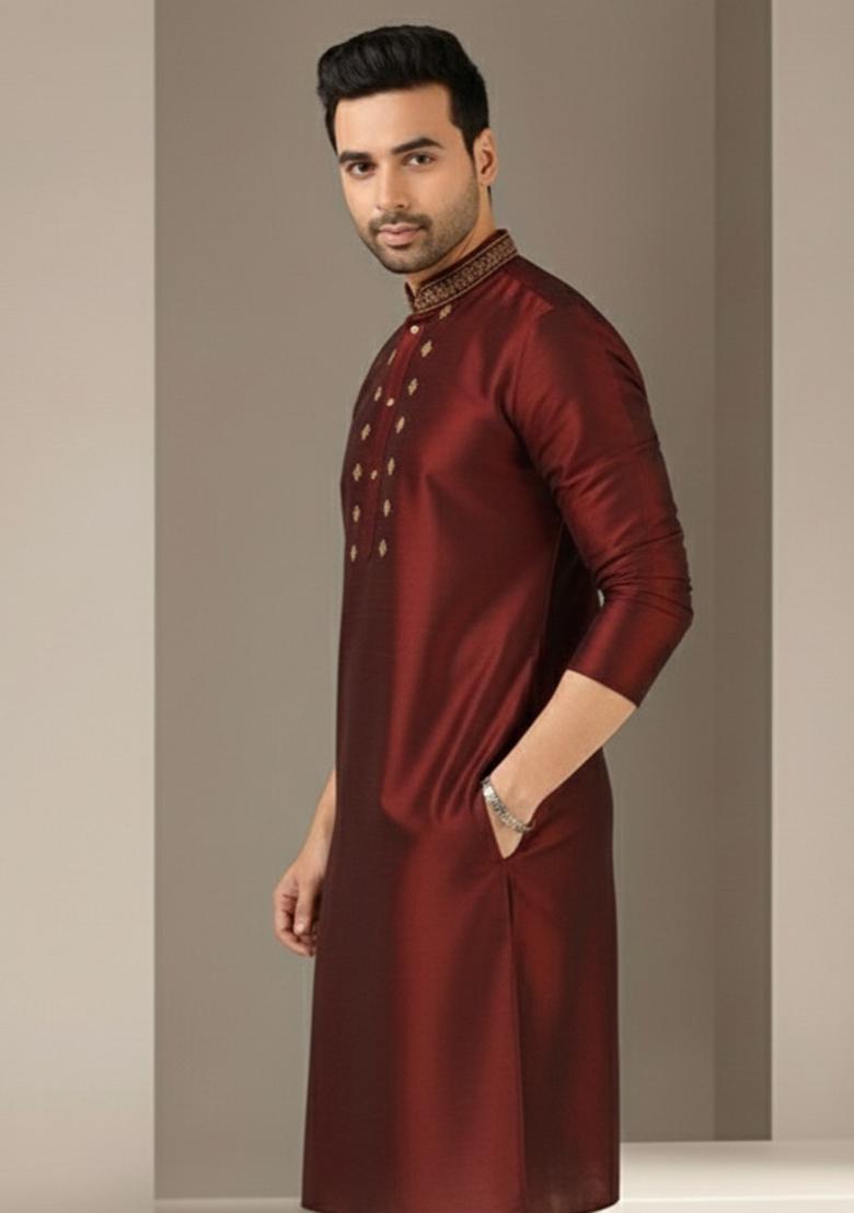 Maroon Embroidery Silk Kurta For Men - Indya