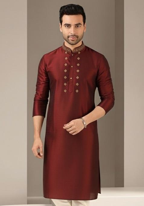 Maroon Embroidery Silk Kurta For Men