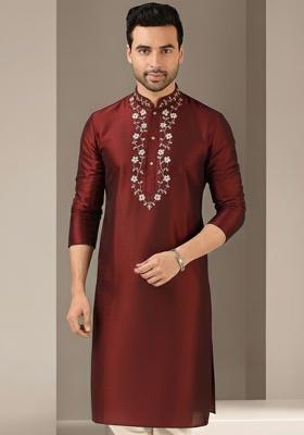 Maroon Embroidery Silk Kurta For Men