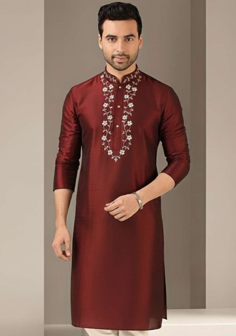 Maroon Embroidery Silk Blend Kurta For Men - Indya