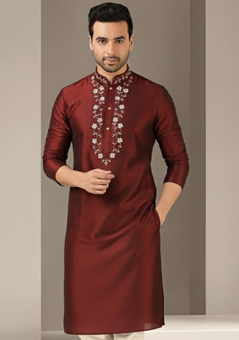 Maroon Embroidery Silk Kurta For Men - Indya