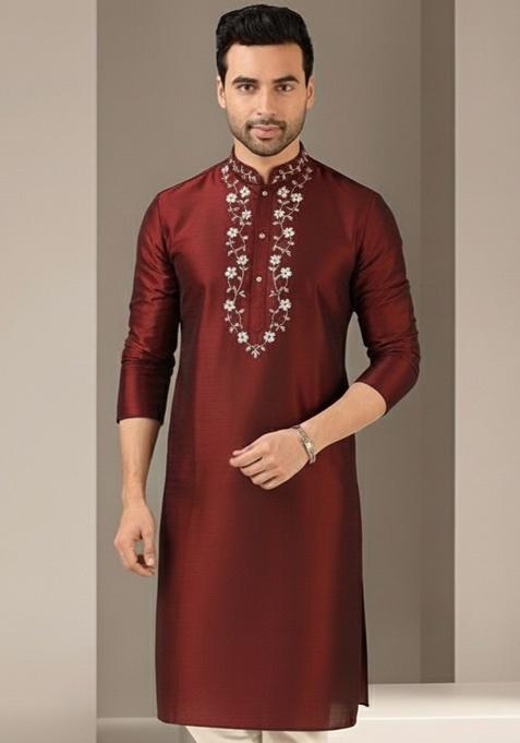 Maroon Embroidery Silk Kurta For Men