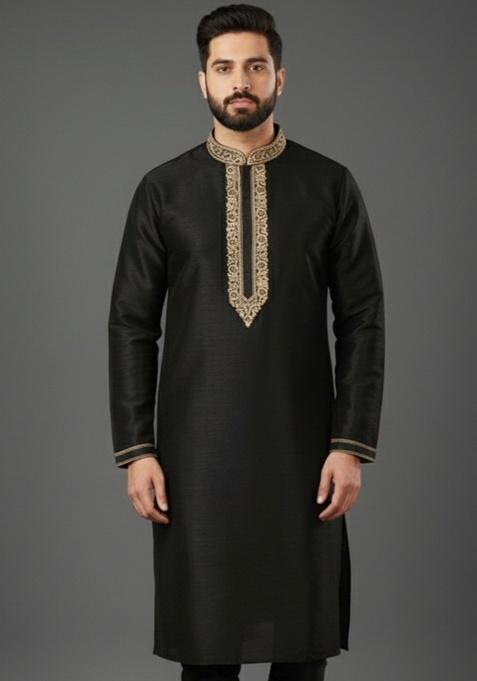 Black Embroidery Silk Kurta For Men