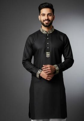 Black Embroidery Cotton Kurta For Men