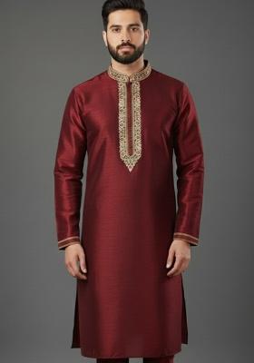 Maroon Embroidery Silk Kurta For Men