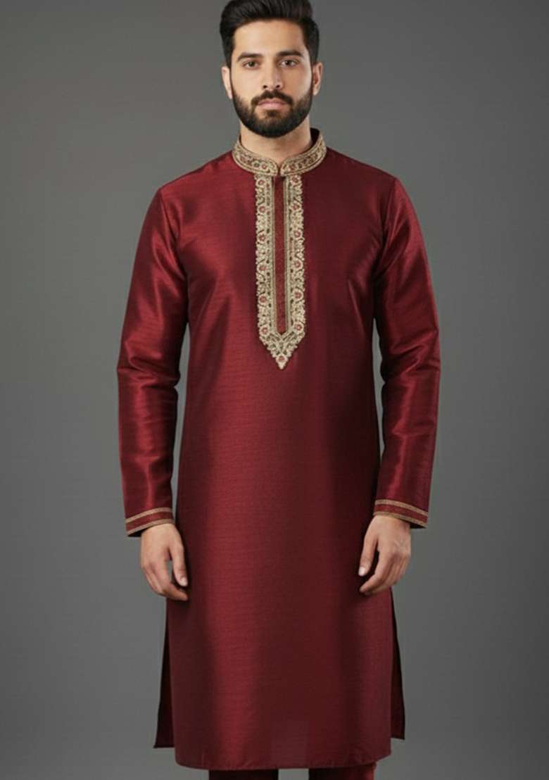 Maroon Embroidery Silk Blend Kurta For Men - Indya