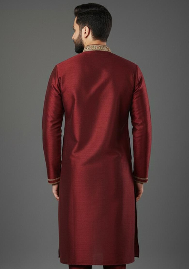 Maroon Embroidery Silk Kurta For Men - Indya