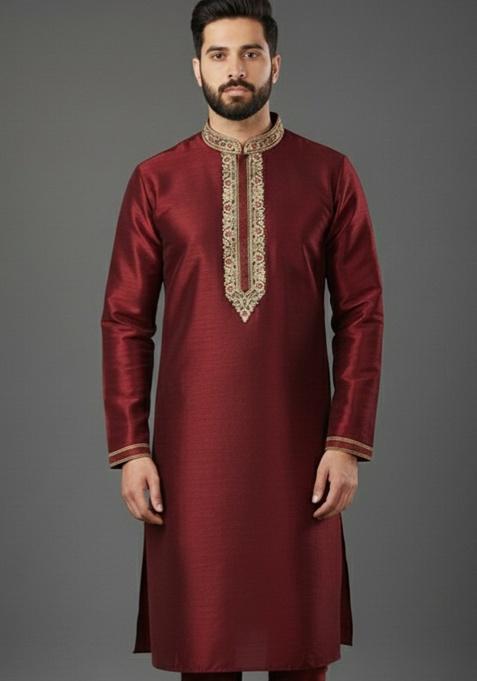 Maroon Embroidery Silk Kurta For Men