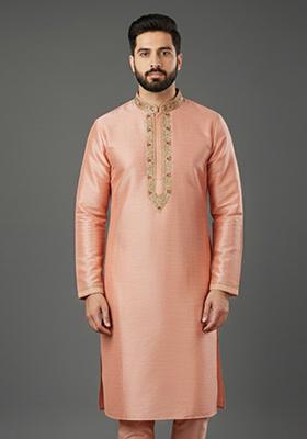 Peach Embroidery Silk Blend Kurta For Men