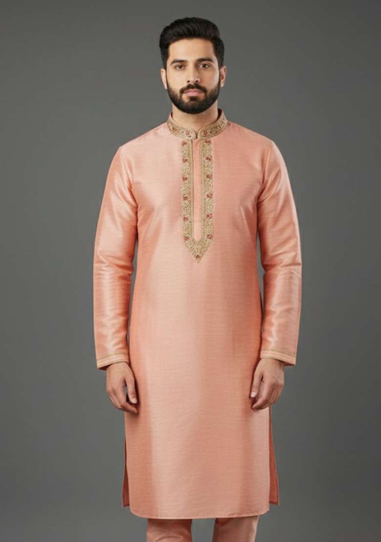 Peach Embroidery Silk Blend Kurta For Men - Indya