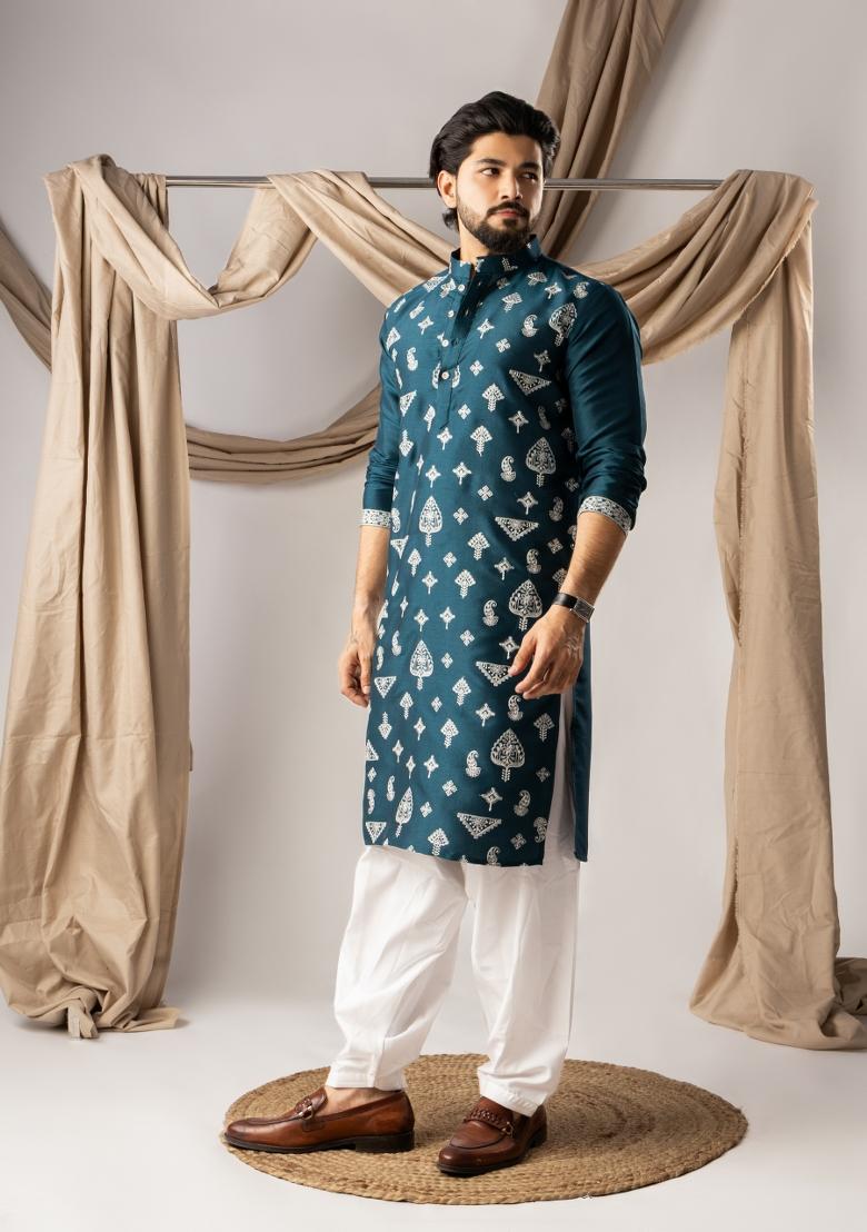 Peach Embroidery Silk Kurta For Men - Indya
