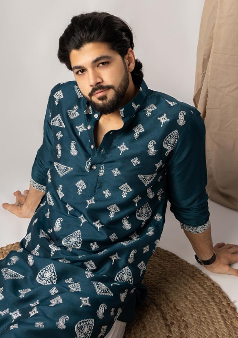 Peach Embroidery Silk Kurta For Men - Indya