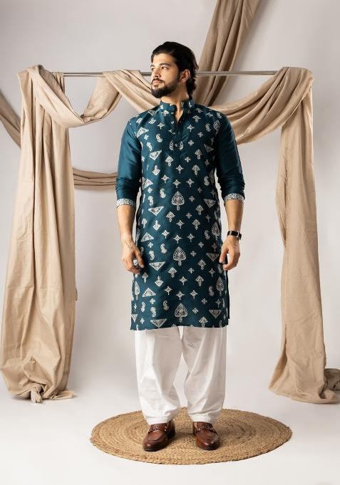 Peach Embroidery Silk Kurta For Men