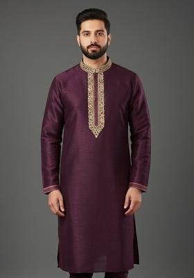 Purple Embroidery Silk Kurta For Men