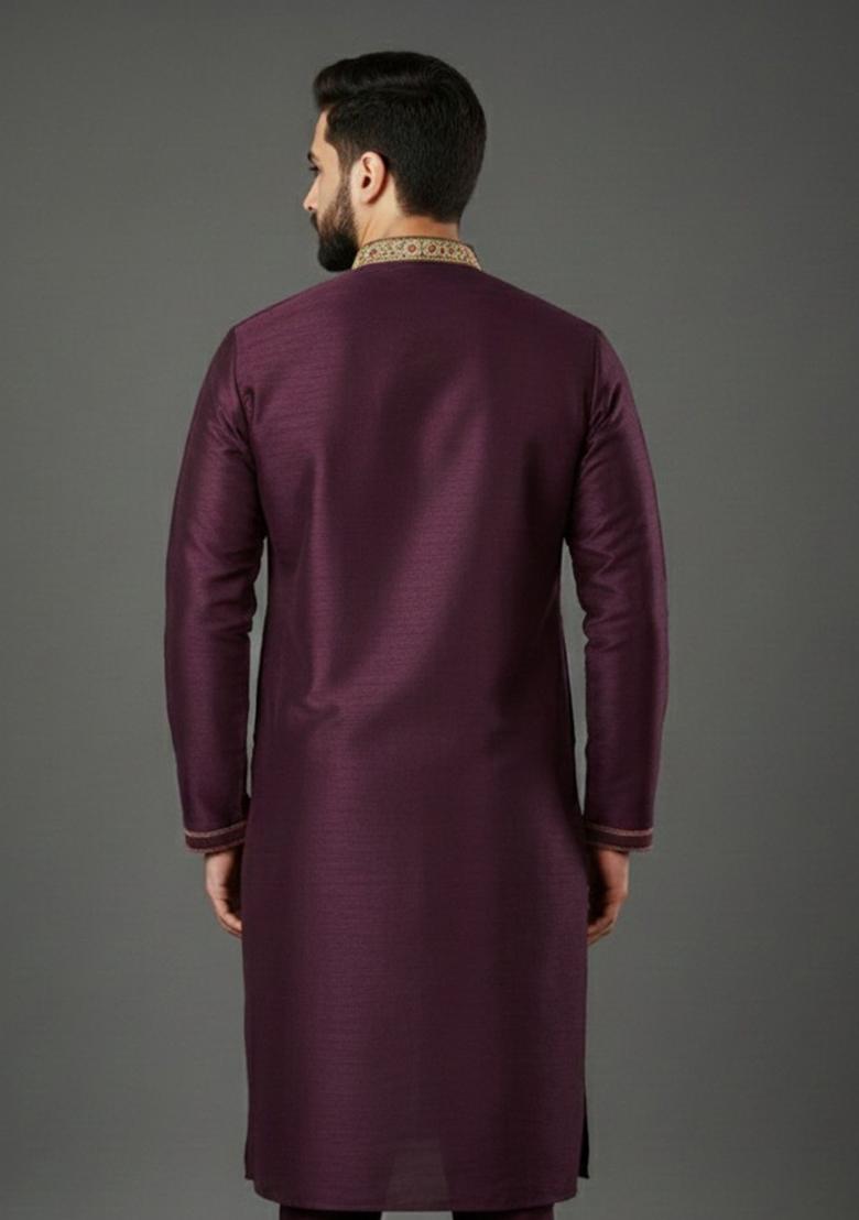 Purple Embroidery Silk Kurta For Men - Indya