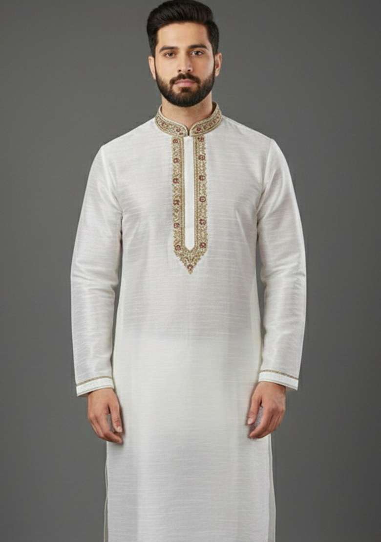 White Embroidery Silk Blend Kurta For Men - Indya