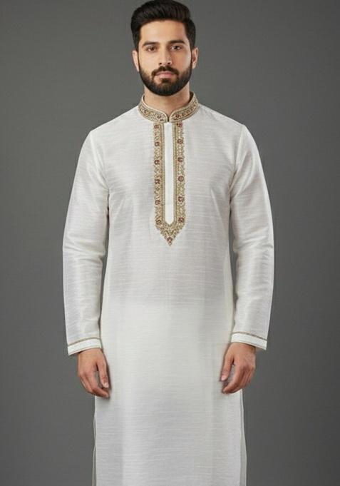 White Embroidery Silk Kurta For Men