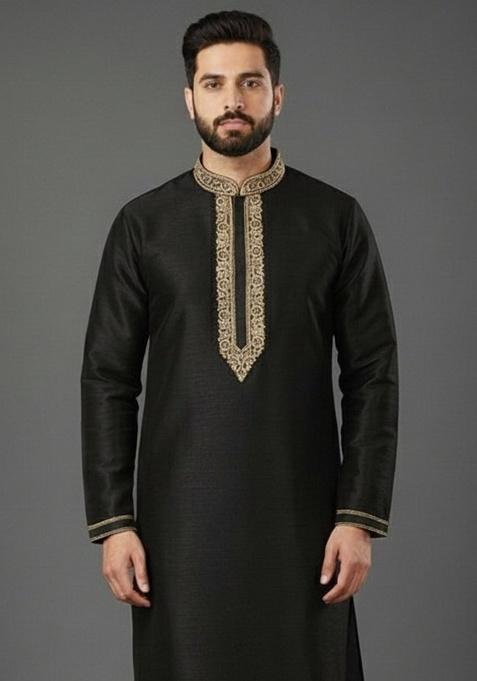 Black Embroidery Silk Kurta For Men