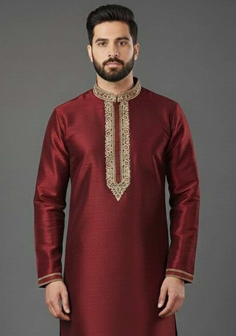 Maroon Embroidery Silk Blend Kurta For Men - Indya