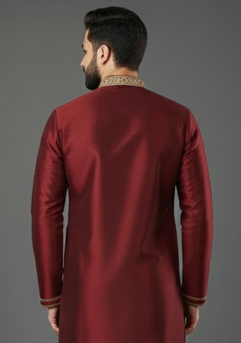 Maroon Embroidery Silk Kurta For Men - Indya