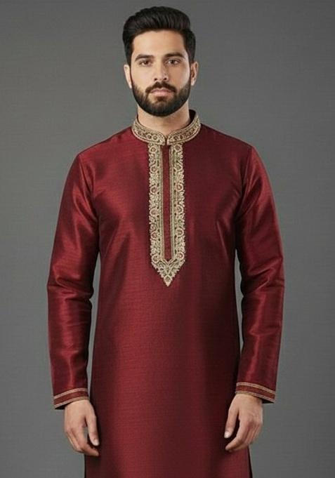 Maroon Embroidery Silk Kurta For Men