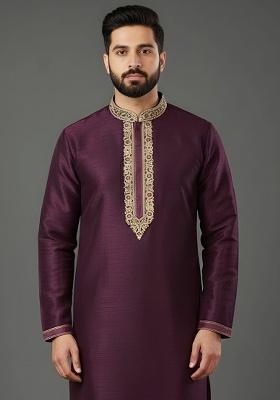 Purple Embroidery Silk Kurta For Men