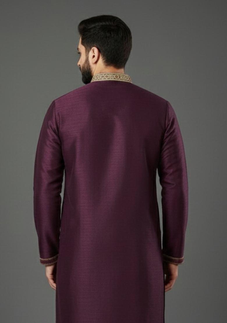Purple Embroidery Silk Kurta For Men - Indya