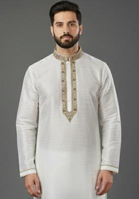 White Embroidery Silk Kurta For Men