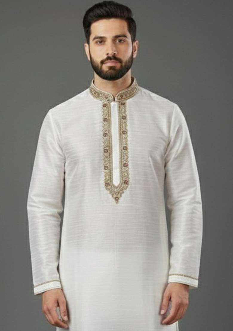 White Embroidery Silk Blend Kurta For Men - Indya