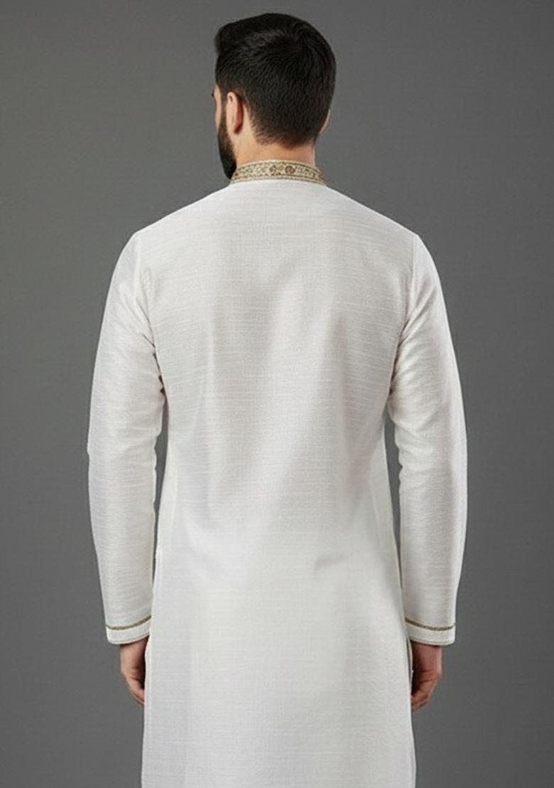 White Embroidery Silk Kurta For Men - Indya