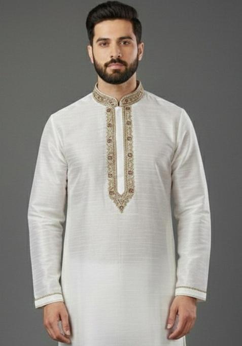 White Embroidery Silk Kurta For Men