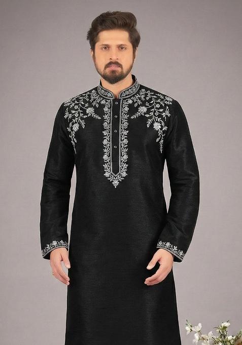 Black Embroidery Silk Kurta For Men