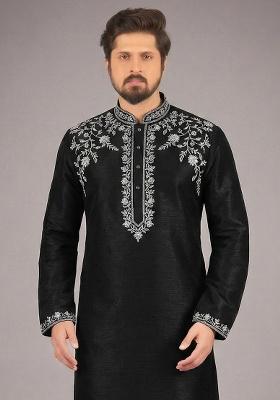 Black Embroidery Silk Kurta For Men