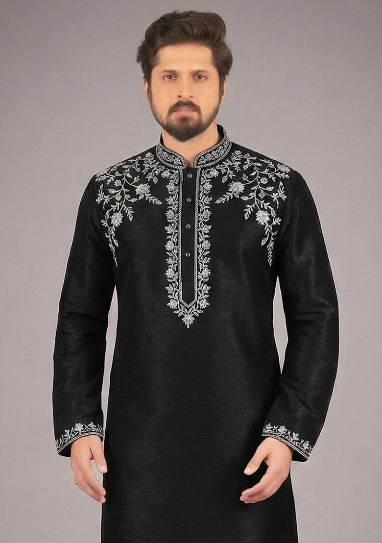 Black Embroidery Silk Kurta For Men - Indya