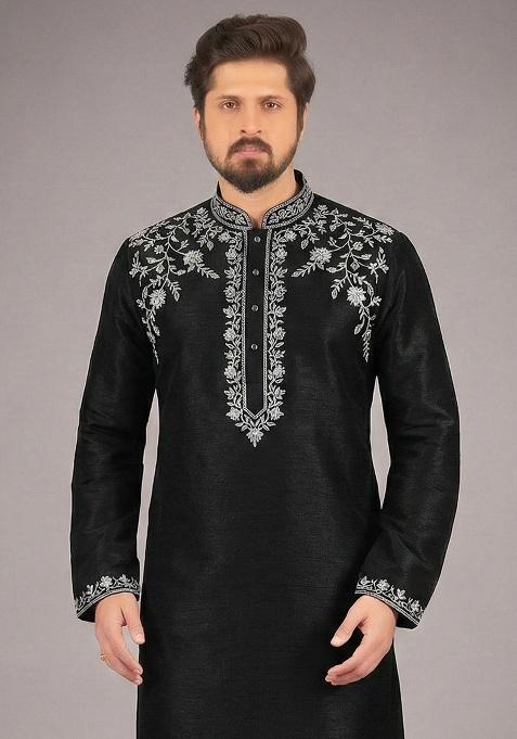 Black Embroidery Silk Kurta For Men