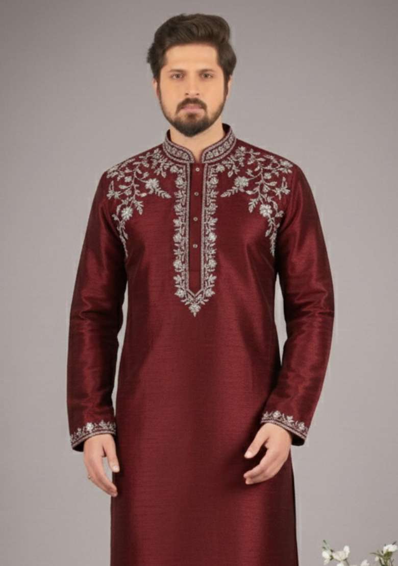 Maroon Embroidery Silk Blend Kurta For Men - Indya