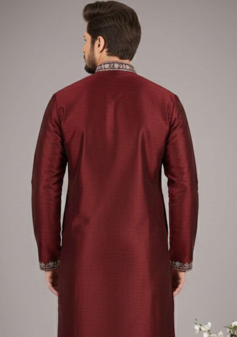 Maroon Embroidery Silk Blend Kurta For Men - Indya