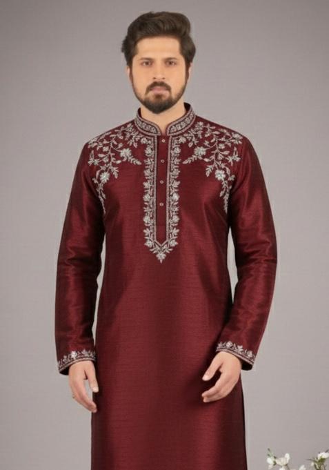 Maroon Embroidery Silk Kurta For Men