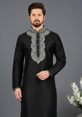 Black Embroidery Silk Kurta For Men