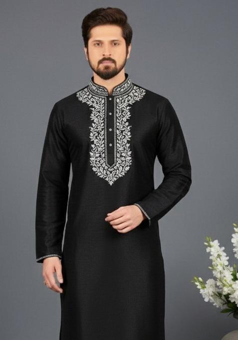 Black Embroidery Silk Kurta For Men