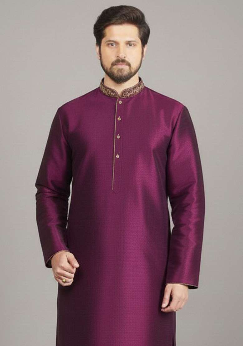 Magenta Embroidery Silk Blend Kurta For Men - Indya