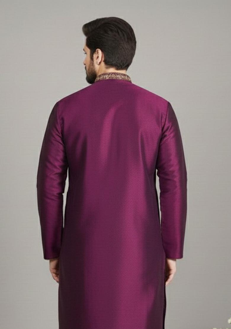 Magenta Embroidery Silk Kurta For Men - Indya